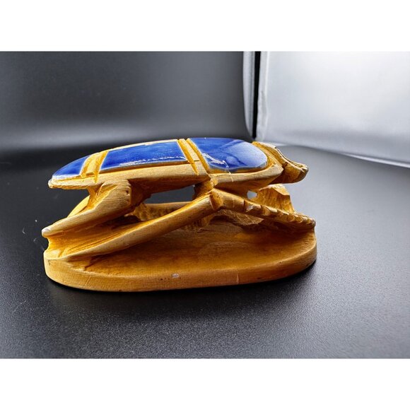 Egyptian Blue Sand Scarab Beetle Statue Heiroglyphics on bottom REPAIRED READ - Picture 4 of 16